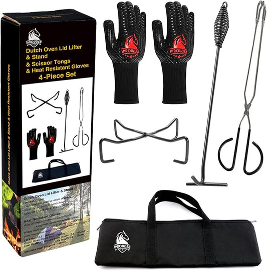 5-in-1 Dutch Oven Camping Accessories Kit - Campfire Cooking Equipment with Heat-Resistant Gloves, 16" Scissors Tongs, Lid Lifter, Lid Stand & Trivet | BBQ Tools, Outdoor Camping Cookware