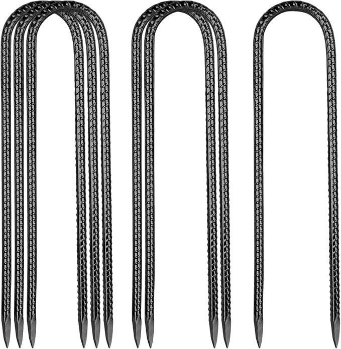 Rebar Stakes, Heavy Duty Metal J Hook Garden Ground Stakes for Camping Tent Canopy (U Shape-Black, U-12"x0.3"-6pcs)