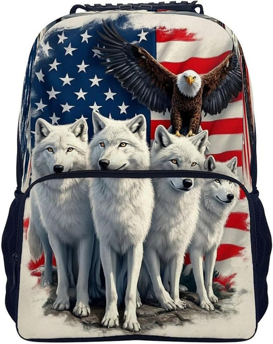 Rucksacks Polyester Anti-Theft Multipurpose American Flag Eagles Wolf Art Carry On Bag Large Capacity Gym Outdoor Hiking Backpack With Smooth Zippers