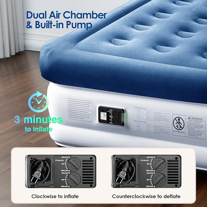 MoKo Air Mattress Queen with Built in Pump, 18'' Luxury Inflatable Mattress, 3 Min Fast Blow up Mattress with Dual-Chamber, Comfort Top - Velvety Air Bed for Home, Camping, Travel, Guests, White/Blue