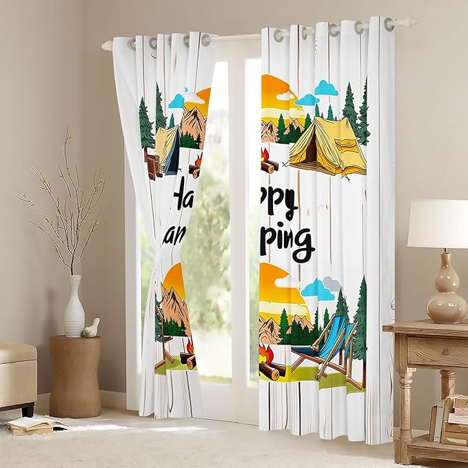 Erosebridal Happy Camping Window Curtains 42" Wx63 L Camper Adventure Blackout Curtains for Bedroom Living Room,Camping Lovers Window Treatments Wooden Plank Rustic Drapes Decor 2 Panels