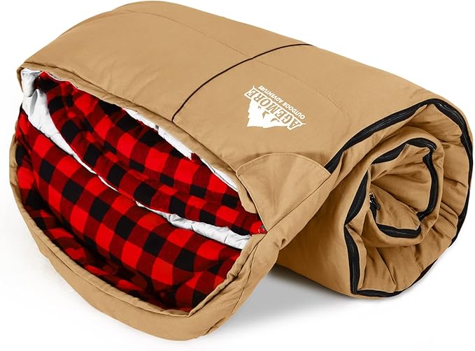 AGEMORE 0 Degree Canvas Sleeping Bag for Adults, Cotton Flannel Sleeping Bag for Winter Camping, Fishing, Hunting or Traveling, Durable Cotton Canvas Shell and Removable Flannel Liner