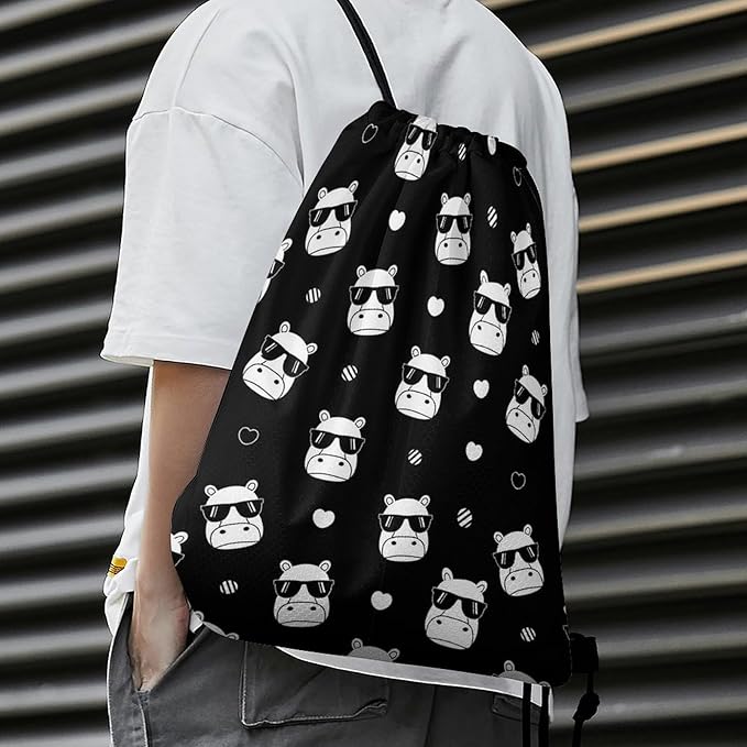 Swimming Drawstring Sack Waterproof Gym Backpack for Beach Sports Yoga Gear, Lightweight Unisex, Hippo Hippopotamus Wearing Sunglasses Bags