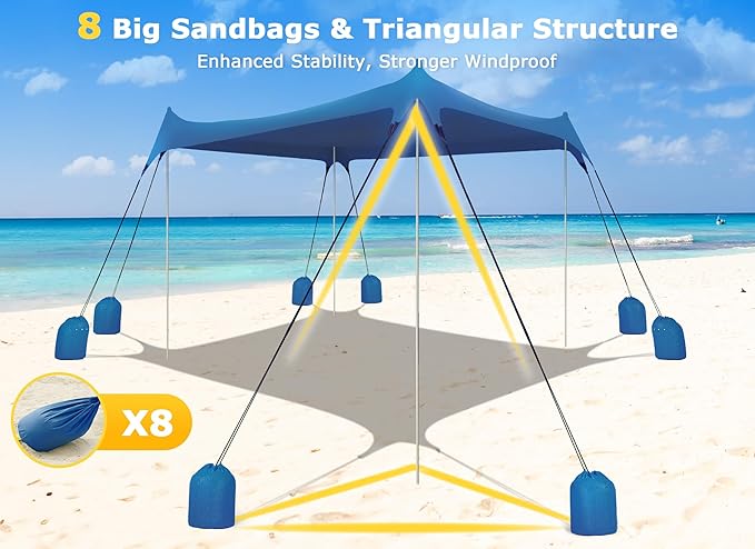 Gorich Beach Tent Sun Shelter with 8 Sandbags, UPF50+ Protection & Windproof Pop Up Beach Canopy Tent Sun Shade for Family, Travel & Camping, Easy Setup Canopy Umbrella