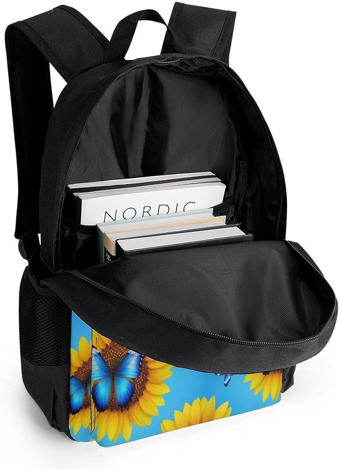 Sports Gym Outdoor Backpack Blue Monarch Butterfly Sunflower College Bookbag with Large Capacity Rucksack for Men Women