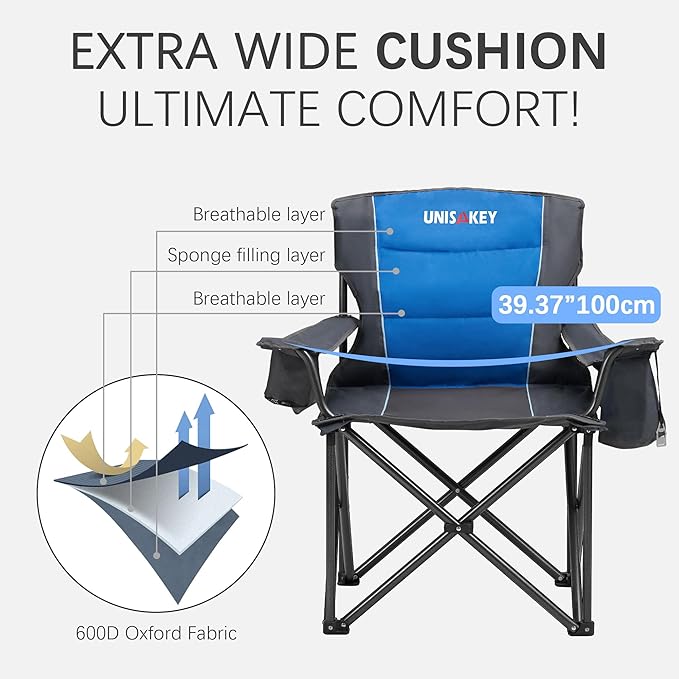 Oversized Folding Camping Chair for Adults - 450lbs Support - Heavy Duty Portable Lawn Chairs with Side Pocket Cup Holder Cooler Bag for Sports Garden Beach Fishing, Blue 2 Pack