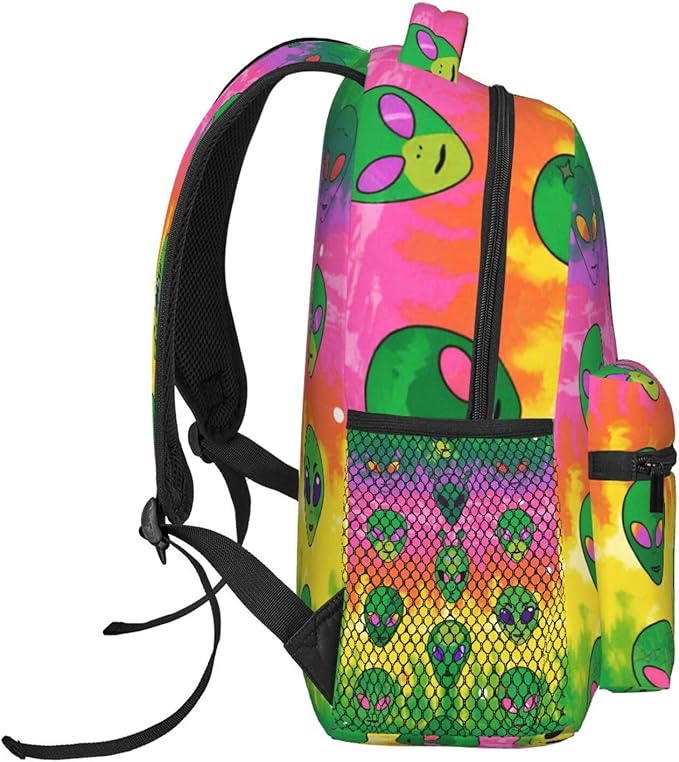 Men Women Polyester Colorful Alien Tie Dye Art Daypack Bookbag Big Capacity Shoulder Bag With Padded Straps for Climbing Travel Walking Cycling