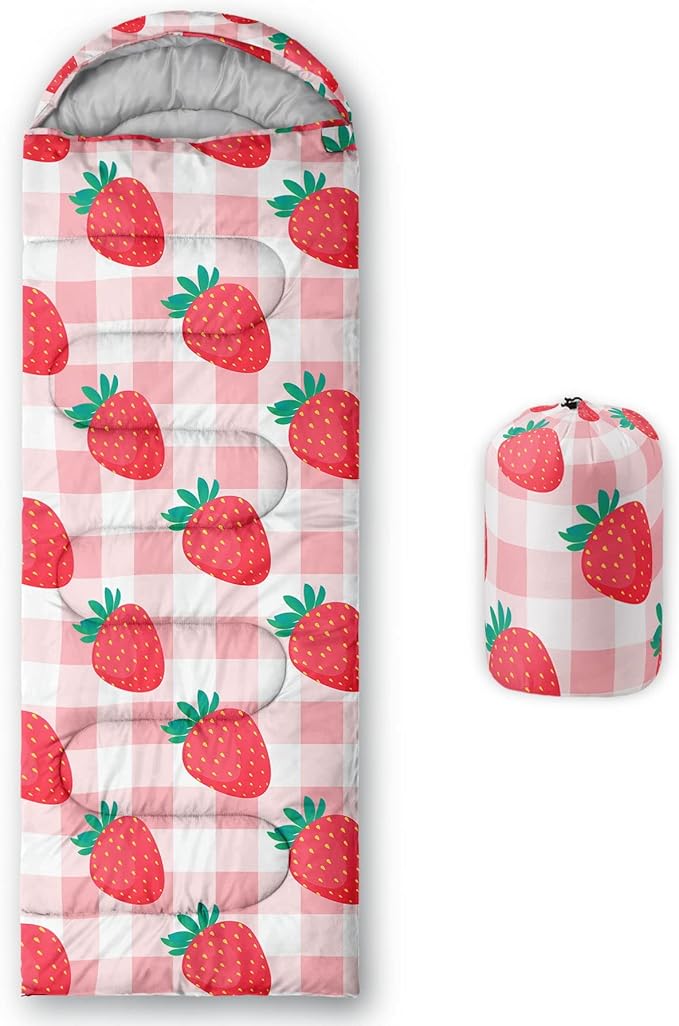 Datura home Kids Sleeping Bag for Girls,Straeberry Pink Grid-Warm Outdoor Indoor-LightweightWaterproof Cold Weather Resistant Sleeping Bag for Camping Hiking(Strawberry 32"*90")