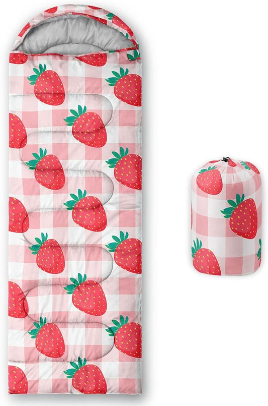 Datura home Kids Sleeping Bag for Girls,Straeberry Pink Grid-Warm Outdoor Indoor-LightweightWaterproof Cold Weather Resistant Sleeping Bag for Camping Hiking(Strawberry 32"*90")