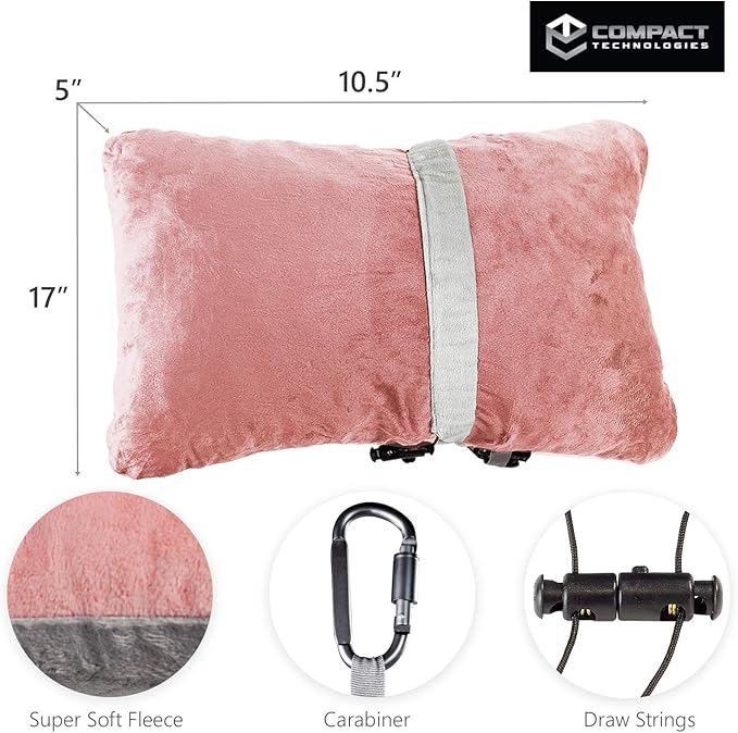 Compact Travel Pillow Made with Shredded Memory Foam and Super Soft Fleece Fabric for Ultimate Comfort in Travel. Patented Design Rolls and Compacts Small for Travel. (Pink)