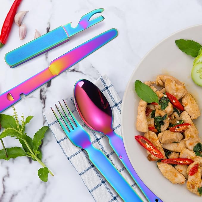 Camping Flatware Colorful Fork Spoon Knife Bottle Opener Silverware Outdoor Portable Cutlery Tactical Utensil Set 4 Pieces Foldable Durable Reusable Easy to Clean