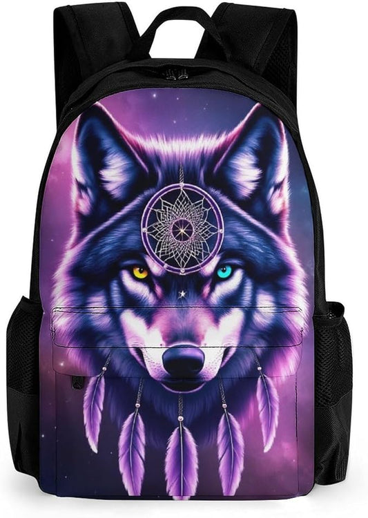 Supdreamc Lightweight Daypack Backpack for Sports Travel Running, Large Capacity Multipurpose Anti-Theft Bookbag, Dream Catcher Wolf Space Fantasy Laptop Backpack Daypack