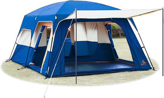 KTT Extra Large Tent 6-10-12-14 Person(B),Family Cabin Tents,2 Rooms,3 Doors and 3 Windows with Mesh,Straight Wall,Waterproof,Double Layer,Big Tent for Outdoor,Picnic,Camping,Family Gathering