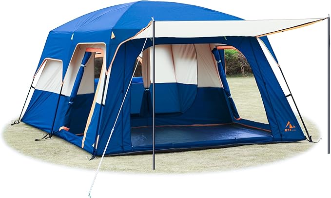 KTT Extra Large Tent 6-10-12-14 Person(Style-B),Family Cabin Tents,2 Rooms,3 Doors and 3 Windows with Mesh,Straight Wall,Waterproof,Double Layer,Big Tent for Outdoor,Picnic,Camping,Family Gathering