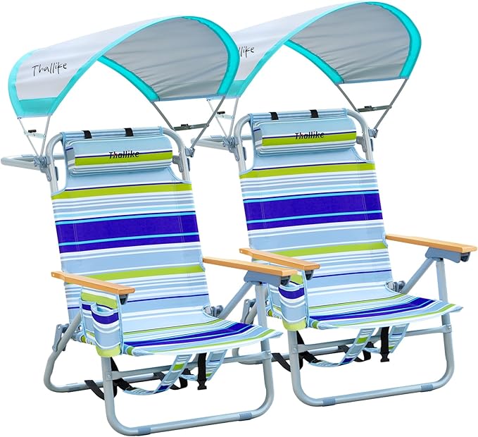 2 Pack Backpack Beach Chairs with Canopy Headrest Cooler Bag Cup Holder Towel Bar 4-Position Recline Wooden Armrests Aluminum Frame Folding Beach Chair for Adults Camping Supports 400 lbs