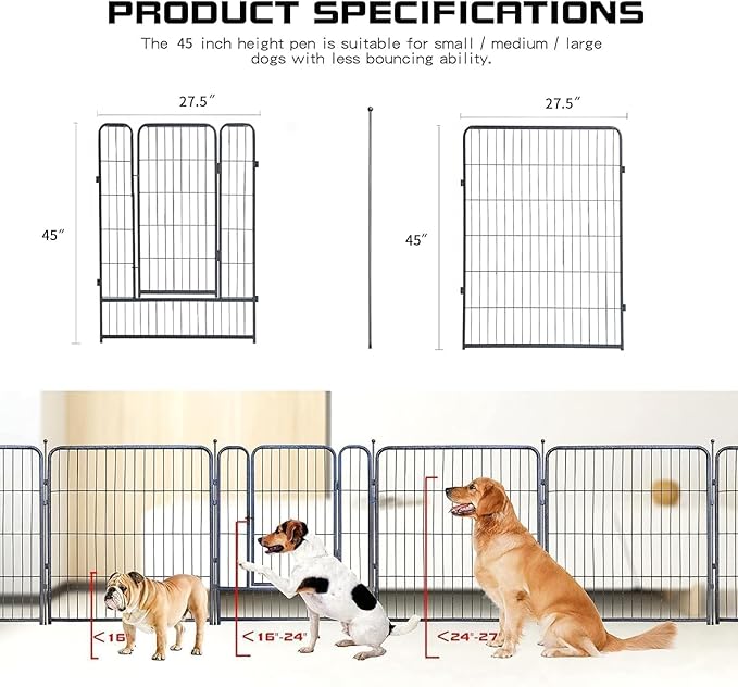Dog Playpen,32/40/45 Inch Height in Heavy Duty, Folding Indoor Outdoor Anti-Rust Dog Exercise Fence, Portable Pet Playpen with Door for Large Medium Small Dogs and Pet (8 Panels, 45 Inch) Silver