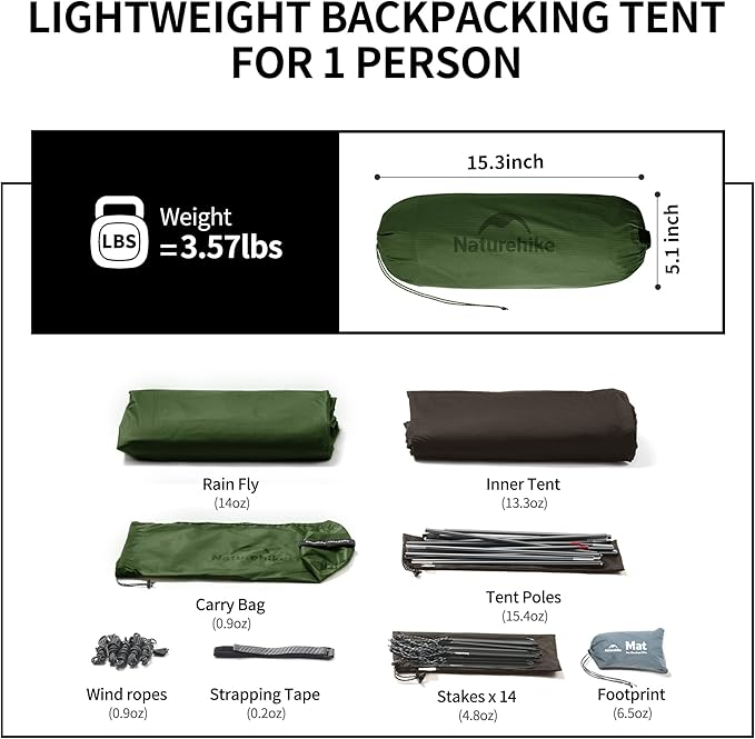 Naturehike Cloud Up 1 Person Tent, Lightweight Backpacking Tents for One Man, Waterproof Ultralight One Person Tent for Camping Hiking Backpacking