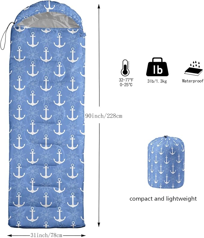 AILONEN Boys Sleeping Bag for Camping,Nautical Anchor,Lightweight & Waterproof,3 Season Warm & Cool Weather,Navy Blue Sleeping Bags for Kids Men Travelling,Outdoors