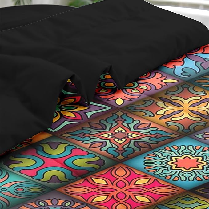 Comforter Set King Size, Colorful Vintage Floral 7 Pcs Bedding for Kids and Adults, Mandala Bohemian Flower Bed Sheet Sets with Fitted Sheet 2 Pillowcases & 2 Shams for Bedroom Bed Decor