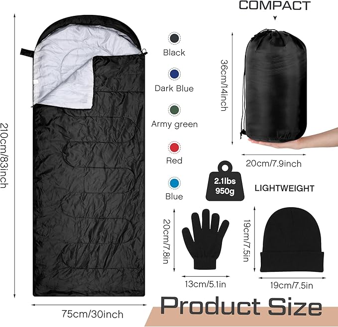 Tranqun 30 Pcs Cotton Liner Camping Sleeping Bags for Adult with Winter Beanies Gloves Sleeping Bag Waterproof Warm Lightweight for Backpacking Camping Indoor Outdoor Homeless