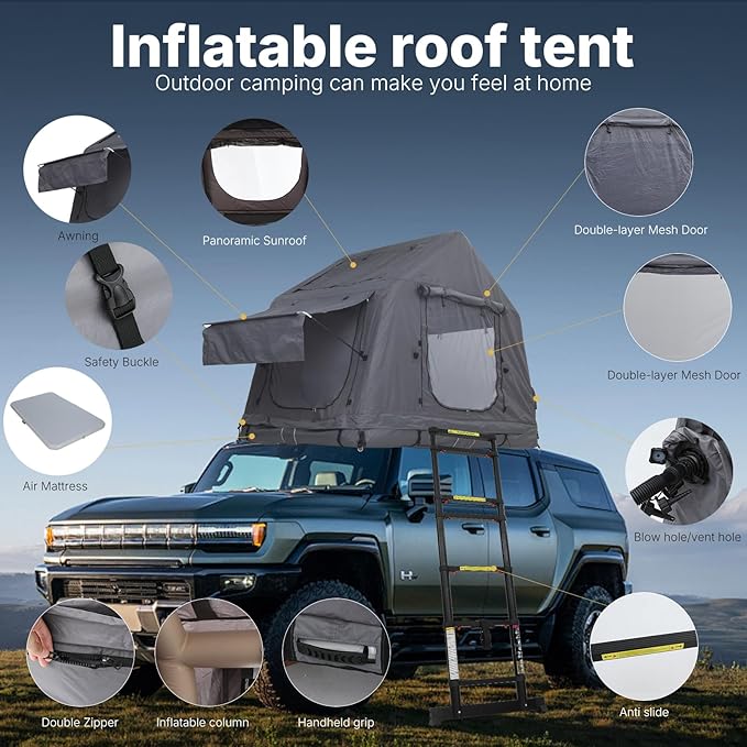 CDEN Inflatable Rooftop Tent, SUV Truck Bed Tent, 2-3 Person Pop-Up Car Roof Top Tent, Overland Tents, with Air Mattress, Ladder, Rainfly, Pump, for Camping, Outdoor, Travel