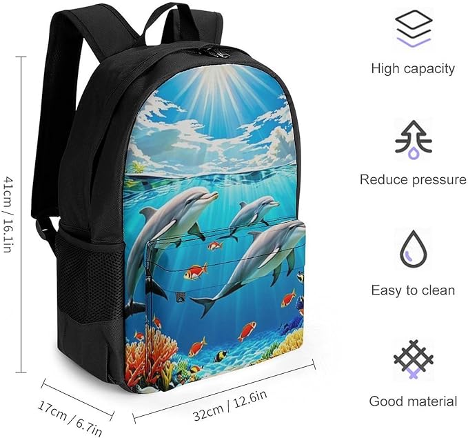 Polyester Daypack for Hiking Work Running, Big Capacity Anti-Theft Multipurpose Shoulder Bag, Dolphin Blue Ocean Underwater World Travel and Sport Backpack Rucksack