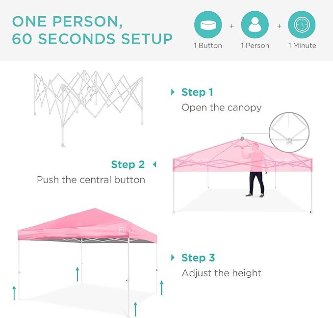 Best Choice Products 8x8ft Pop Up Canopy Tent, Outdoor Shade, 1 Person 1 Minute Set Up, Carry Case, 4 Weight Bags - Pink/White