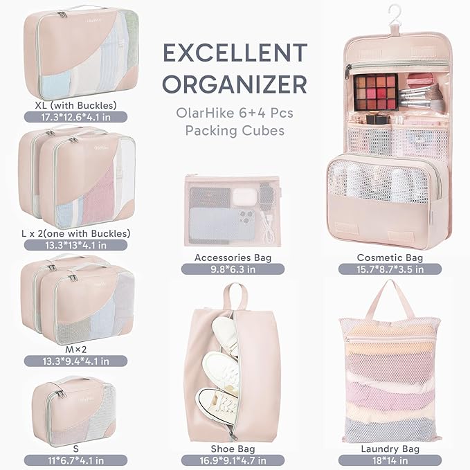 10 Set Packing Cubes for Travel, Gifts for Women Mom,Anti-Tearing Suitcase Organizer for Luggage with Shoe & Hanging Toiletry Bag,OlarHike Vacation Essentials & Accessories for Cruise Ship