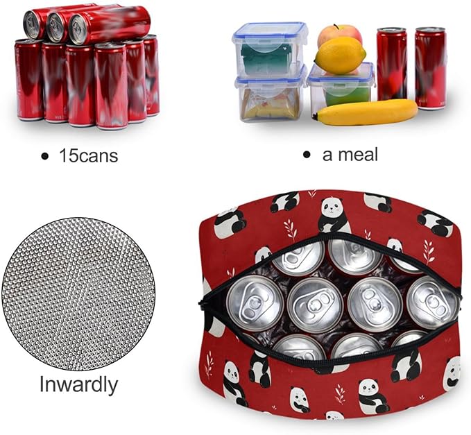 Kcldeci Kids Lunch Bag Insulated Lunch Box for Boys Girls Bear Panda on Red Reusable Toddler Leak-proof Lunchbox for School and Daycare