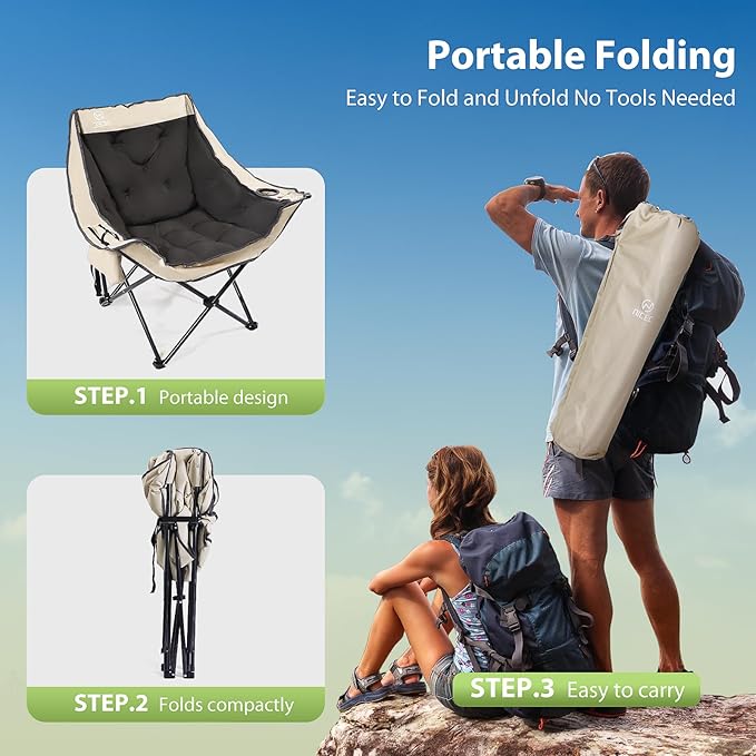 Nice C Padded Camping Chair, Oversized Camping Chairs, Oversized Thick Padded Folding Chairs, Outdoor Sports Chair, Heavy Duty, with Cooler Bag, Cup Holder, Side Pockets (2 Pack)