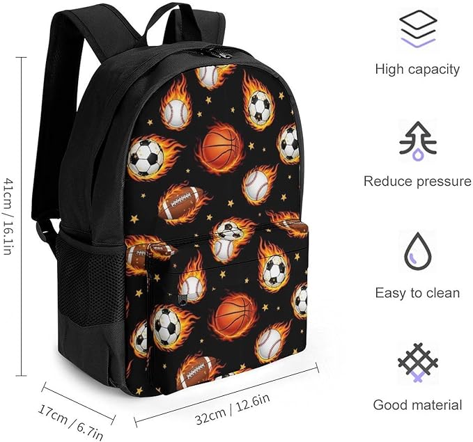 Supdreamc Men Women Polyester Fire Ball Soccer Basketball Baseball Football Sport Daypack Big Capacity Shoulder Bag With Smooth Zippers for Hiking Work Walking Cycling