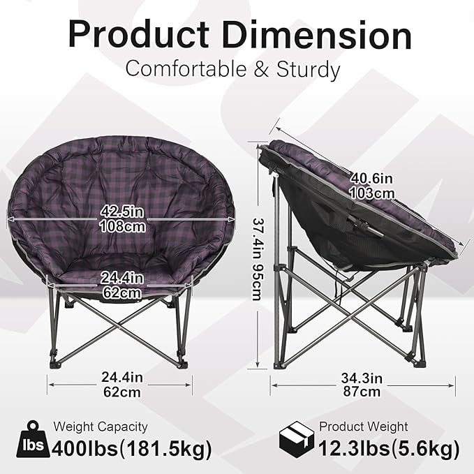 Oversized XXL Folding Round Camping Chairs,Comfy Padded Moon Camp Chairs,Heavy Duty Supports 440 Lbs Outdoor Lawn Chairs for Adults,Perfect for Indoor,Family Hiking,Picnics and Garden,Purple Plaid