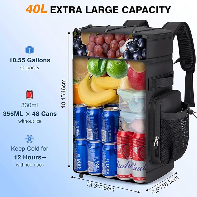 Insulated Cooler Backpack, 40L Leakproof Backpack with Double Compartments for Men & Women, Large Lunch Cooler for Camping, Beach, Travel, Picnic, Up to 48 Cans