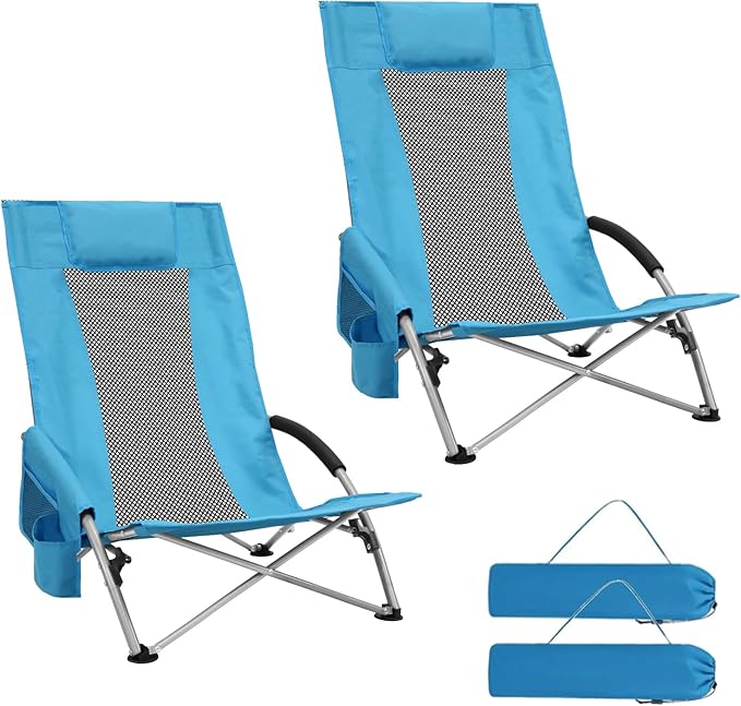 High Back Beach Chairs,2Pack Protable Folding Chair for Adults,Foding Camping Chairs with Carry Bag Cup Holder for Beach,Fishing Outside（Bue）