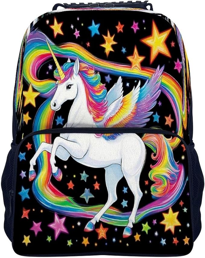 Daypack Backpack Polyester Anti-Theft Multipurpose Colorful Space Rainbow Unicorns Bookbag Big Capacity Travel Hiking Camping Rucksack With Smooth Zippers