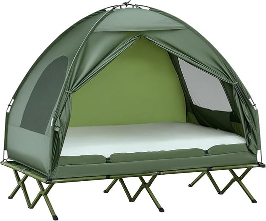 Outsunny Camping Tent Cot, Folding Tent Cot Combo with Mattress, Pillow, Sleeping Bag, Roller Carrying Bag, Off Ground Travel Camp Cot for Hiking, Backpacking
