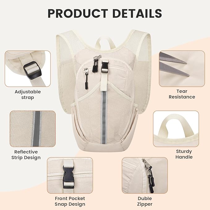 Small Hiking Backpack 15L-Lightweight Packable Foldable Backpack for Travel Camping Outdoor Commute, Compact Rucksack for Women Men(Beige)