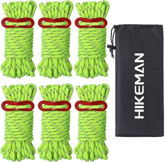 Hikeman Heavy Duty Camping Rope - 6 Pack 5mm Outdoor Reflective Guy Lines with Tensioner Adjuster Strong Nylon Cord for Large Tent Big Tarp Canopy Tie Downs (Fluorescent Green)