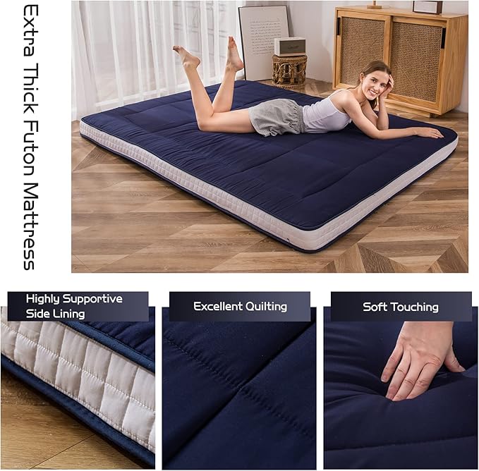 MAXYOYO Futon Mattress, Padded Japanese Floor Mattress Quilted Bed Mattress Topper, Extra Thick Folding Sleeping Pad Breathable Floor Lounger Guest Bed for Camping Couch, Navy, Queen