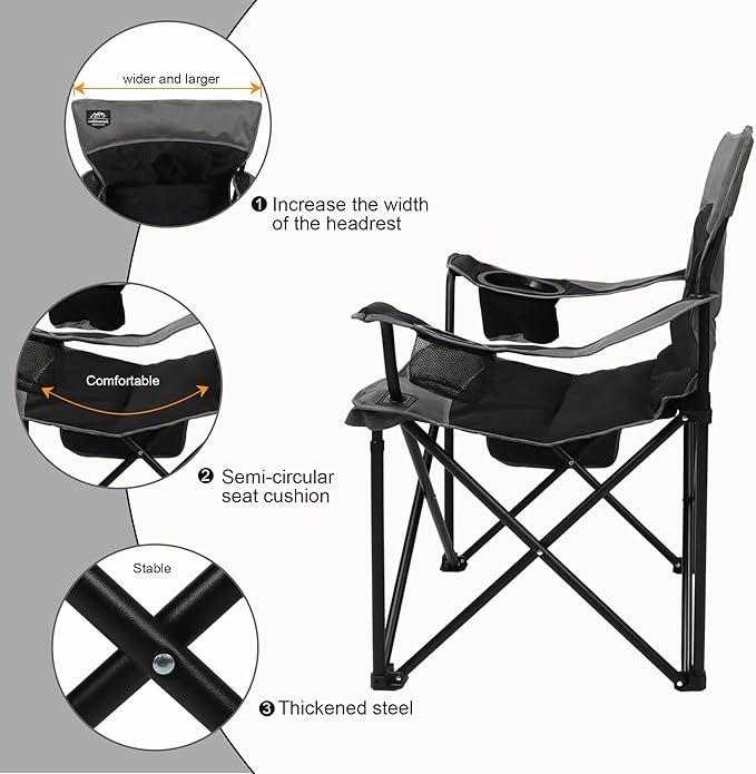 Oversized Folding Camping Chair,Heavy Duty Padded Portable Lawn Chair w/Extra Large Cup Holder,Side Pocket for Adults Outdoor Sports Hiking Beach Garden Picnic,Black