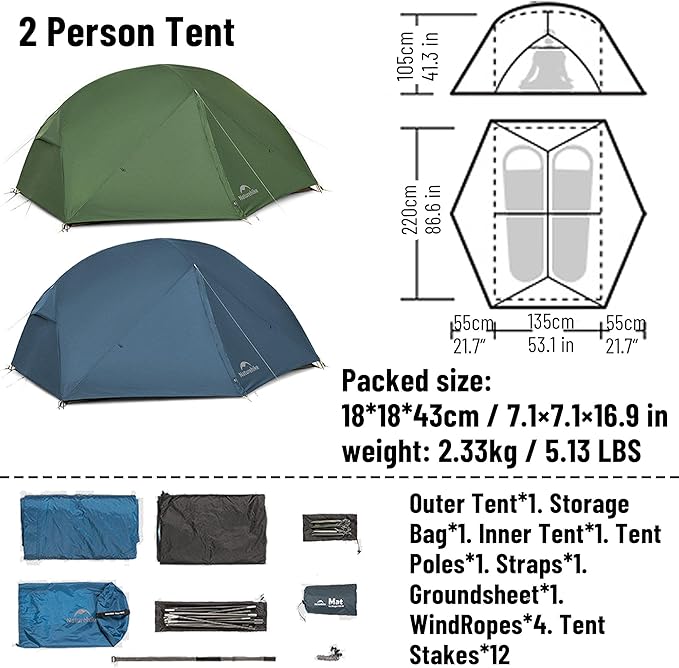 Naturehike Mongar Pro/Base Camping Tent, 1-3 Person Ultralight Backpacking Tent, PU3000mm, 20D Nylon 4 Season Waterproof, Mongar 2 Person UL Hiking Tent for Bike, Travel, Camp