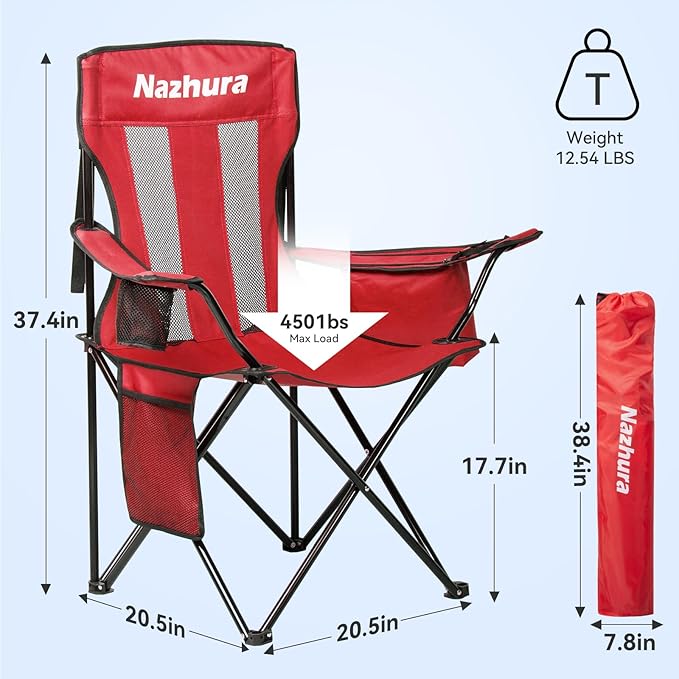 Nazhura 2 Pack Outdoor Camping Chairs Folding/Foldable/Portable with Cooler Pouch, Mesh Backrest and Cup Holder Pocket(Red, 2 Pack)