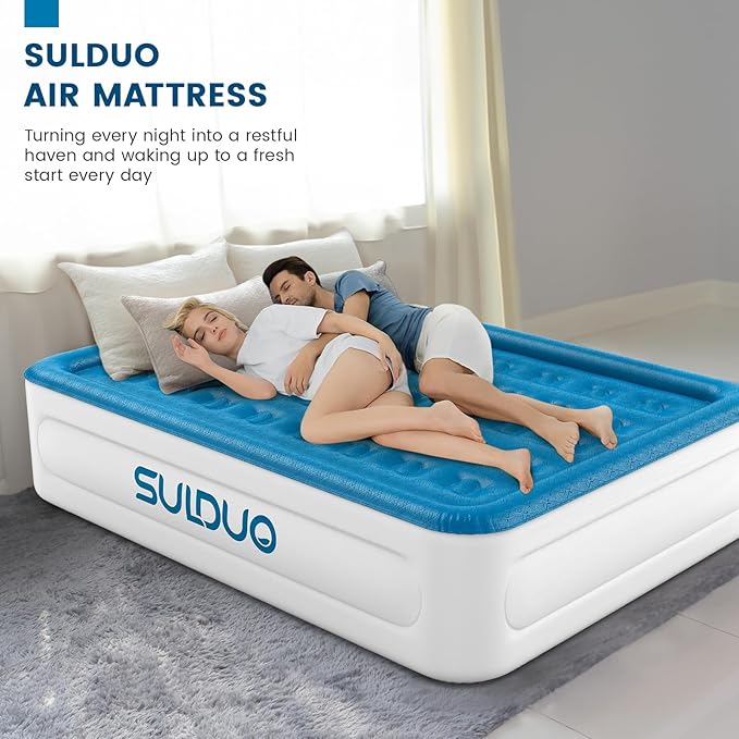 Luxury Air Mattress Queen with Built in Pump, 18'' High Double Blow Up Mattress, Self Inflating Air Bed with Flocked Top and Carry Bag, Durable Portable Airbed for Home Guest and Camping, Blue