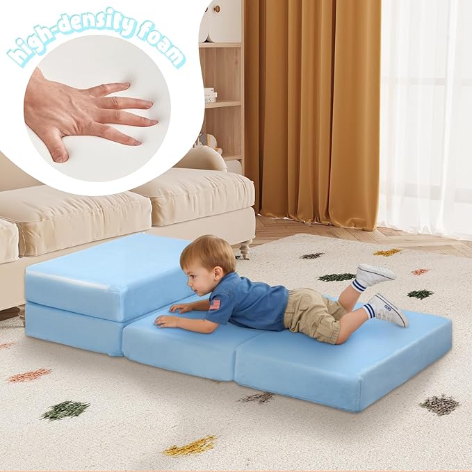 MeMoreCool Kids Folding Mattress, Trifold Mat Foldable Floor Mattress for Kids, 63x26 Tri Fold Floor Mat with Washable Cover and Carry Bag, Portable Floor Mat for Sleepover Daycare, Blue