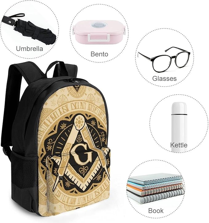 Daypack Backpack Anti-Theft Multipurpose Big Capacity Bookbag, Gold Freemason Freemasonry Masonic Art Business Computer Bag With Side Pockets