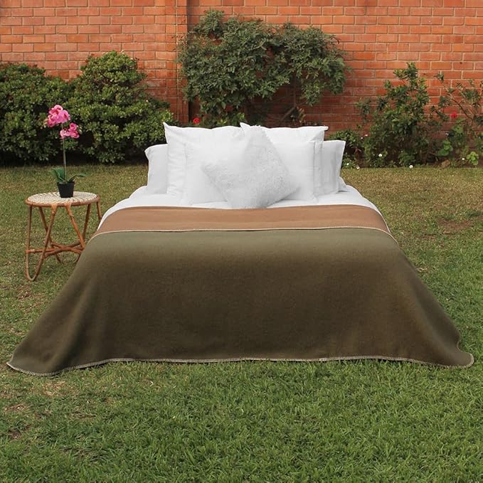 Thick Alpaca Wool Blanket Heavyweight for Camping Outdoors or Using Indoors | Soft Peruvian Alpaca Wool Blankets (Olive Green/Soft Camel, King)