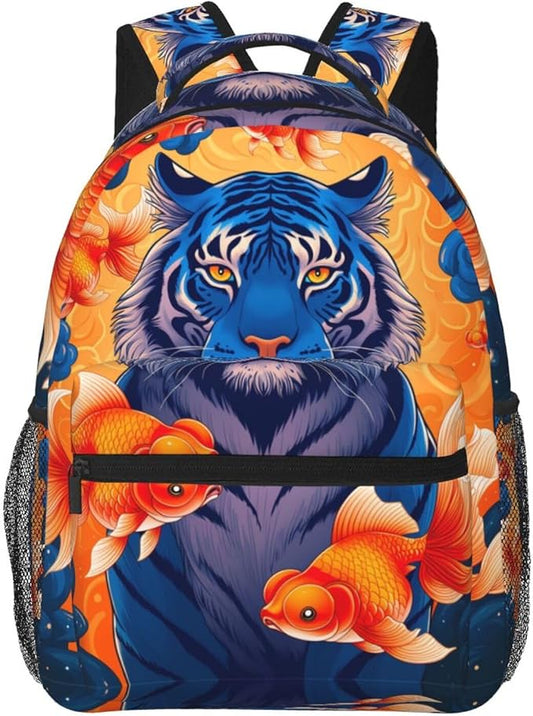 Shoulder Book Bags Anti-Theft Multipurpose Big Capacity Bookbag, Watercolor Tiger Gold Fish Art Travel Hiking Backpack With Smooth Zippers