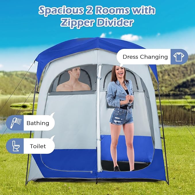 Goplus 2 Room Shower Tent, Portable Camping Changing Shelter with Floor Drain,Detachable Rain Fly, Stakes & Ropes, UV Protection, Water Resistant Privacy Tent for Outdoor Toilet, Dressing (Navy)