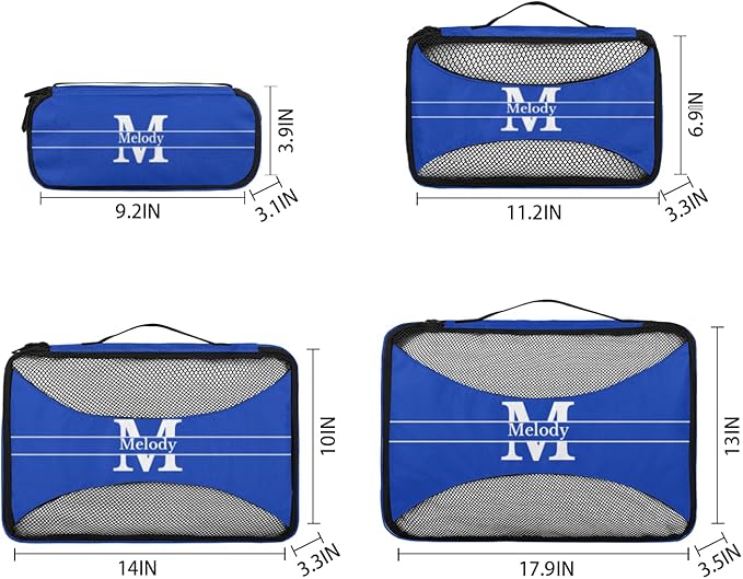 Custom 4 Packing Cubes Set, Lightweight Mesh Travel Luggage Organizers for Travel, 4 Pieces Suitcase Storage Bags, Navy Blue with Initial letter
