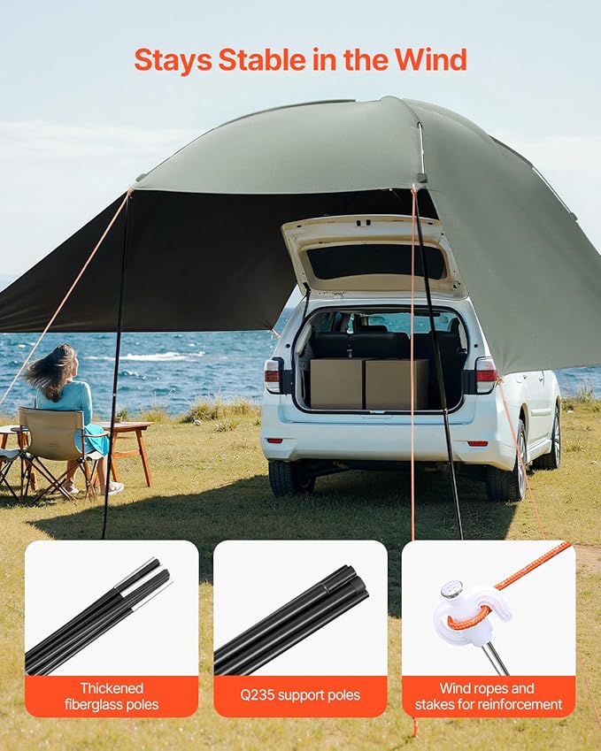 VEVOR Versatility Camping Tent, Auto Canopy Sun Shade UV50+ PU3000mm, Car Tailgate Sun Shelter for Truck Bed, SUV, RV, Van, Trailer and Overlanding, Portable Teardrop Awning Canopy Tear Resistant Tarp